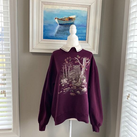 Vintage 90s 80s Morning Sun Purple Cat Fox Forest Collared Sweatshirt Large - Picture 1 of 12